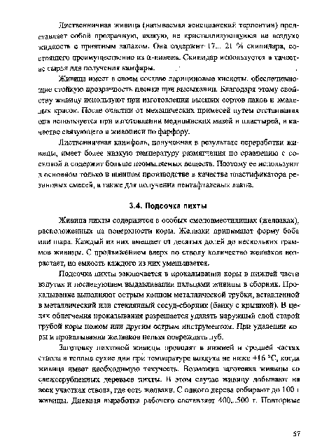 Живица пихты содержится в особых смоловместилтцах (желваках), расположенных на поверхности коры. Желваки принимают форму боба или шара. Каждый из них вмещает от десятых долей до нескольких граммов живицы. С продвижением вверх по стволу количество желваков возрастает, но емкость каждого из них уменьшается.