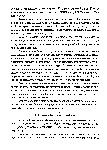 Основные производственные работы состоят из операций по нанесению систематических подновок, сбору живицы, затариванию её в бочки, транспортировке, взвешиванию и маркировке, отправке живицы на переработку.