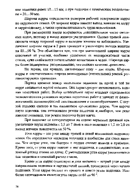 При подсочке со стимуляторами на основе кормовых дрожжей при увеличении паузы вздымки с 3,5 до 7 дней и шага подновки с 1,2 до 2,0 см выход живицы повышается на 50 %.