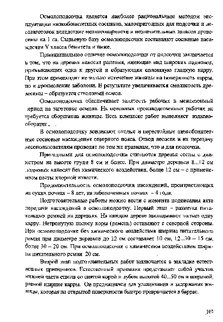 Подготовительные работы можно вести с момента подписания акта передачи насаждений в осмолоподсочку. Первый этап - разметка питательных ремней на деревьях. На каждом дереве закладывают только одну карру. Нетронутую полосу коры (ремень) оставляют с северной стороны. При осмолоподсочке без химического воздействия ширина питательного ремня при диаметре деревьев до 12 см составляет 10 см, 12...30 - 15 см, более 30-20 см. При осмолоподсочке с химическим воздействием ширина питательного ремня 20 см.