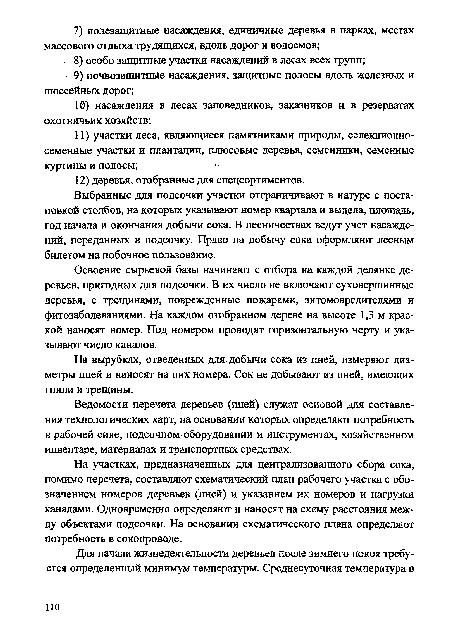 Выбранные для подсочки участки отграничивают в натуре с постановкой столбов, на которых указывают номер квартала и выдела, площадь, год начала и окончания добычи сока. В лесничествах ведут учет насаждений, переданных в подсочку. Право на добычу сока оформляют лесным билетом на побочное пользование.