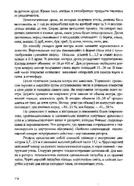 После окончания укладки костра его зажигают. Управляют процессом горения и пиролиза путем регулирования числа и размеров отверстий в слое дерна и толщины самого слоя. Не допускается загорание всего костра. Затраты времени на получение угля зависят от объема костра, древесной породы, влажности дров. В кострах объемом 10...30 м3 процесс длится от грех до пяти суток. Выход угля (по объему) из полусухих дров составляет: для хвойных пород - 60...65 %; для березы - 45...50%.