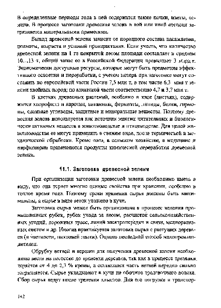 При организации заготовки древесной зелени необходимо иметь в виду, что она теряет многие ценные свойства при хранении, особенно в теплое время года. Поэтому сроки хранения сырья должны быть минимальны, а сырье в виде веток уложено в кучи.