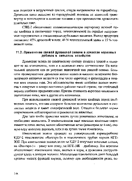 Древесная зелень по химическому составу сходна с травой и содержит те же компоненты, хотя и в несколько ином соотношении. По питательной ценности она не уступает пшеничной или ржаной соломе. Большим преимуществом древесной зелени является высокое содержание биологически активных веществ (в том числе каротина) и фитонцидов в течение всех сезонов года. Это обстоятельство имеет особенно важное значение в северных и северо-восточных районах нашей страны, где стойловый период наиболее продолжителен. Причем стоимость каротина оказывается значительно ниже, чем в других его источниках.