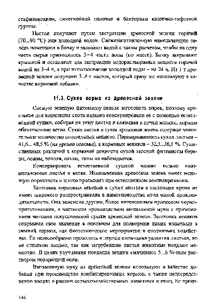 Заготовка кормовых веников и сухих листьев в настоящее время не имеет широкого распространения в животноводстве из-за малой производительности. Она заменена другим, более интенсивным процессом кормо-приготовления, в частности производством витаминной муки с применением методов искусственной сушки древесной зелени. Заготовка веников сохранила свое значение в основном для подкормки диких животных в зимний период, как биотехническое мероприятие в охотничьих хозяйствах. Ее целесообразно проводить в период окончания развития листьев, но не слишком поздно, так как загрубевшие листья животные поедают неохотно. В целях улучшения поедания веники смачивают 5...6 %-ным раствором поваренной соли.