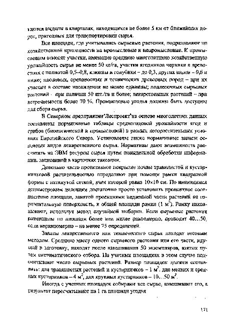 В Северном предприятии"Леспроект“на основе многолетних данных составлены нормативные таблицы среднегодовой урожайности ягод и грибов (биологической и промысловой) в разных лесорастительных условиях Европейского Севера. Установлены также нормативные запасы основных видов лекарственного сырья. Нормативы дают возможность рассчитать на ЭВМ ресурсы сырья путем повыдельной обработки информации, записанной в карточках таксации.