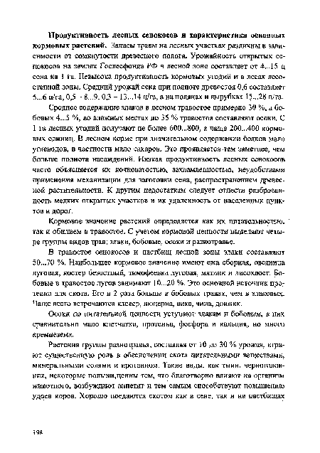 Среднее содержание злаков в лесном травостое примерно 30 %, а бобовых 4-..5 %, во влажных местах до 35 % травостоя составляют осоки. С 1 га лесных угодий получают не более 600...800, а чаще 200...400 кормовых единиц. В лесном корме при значительном содержании белков мало углеводов, в частности мало сахаров. Это проявляется тем заметнее, чем больше полнота насаждений. Низкая продуктивность лесных сенокосов часто объясняется их кочковатостью, захламленностью, неудобствами применения механизации для заготовки сена, распространением древесной растительности. К другим недостаткам следует отнести разбросанность мелких открытых участков и их удаленность от населенных пунктов и дорог.