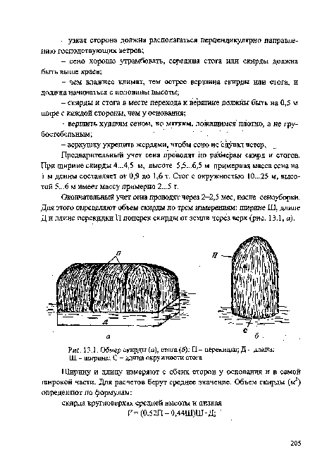 Обмер скирды (а), стога (б)