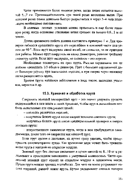 Если прут срезан с листьями, их лучше сразу удалить, чтобы предупредить самовозгорание пучка. Как временная мера может быть провяливание прута с листвой на открытом воздухе.