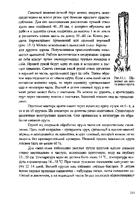 Одной из операций обработки прута является искусственное оживление. Цель этой операции - превратить прут, срезанный в осенне-зимний период и находящийся на хранении, в прут соковый, который можно легко окорять без предварительной проварки. Нижний предел влажности прута должен быть не менее 60 %.