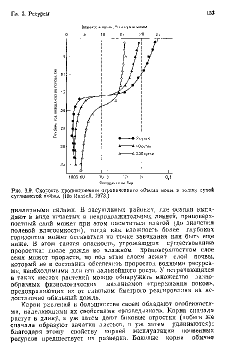 Скорость проникновения ограниченного объема воды в толщу сухой суглинистой почвы. (По Russell, 1973.)