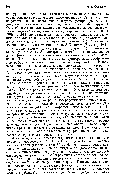 Читатель, возможно, уже заметил, что масштаб, отложенный на оси у на рис. 4.7,5 — логарифмический и что использование логарифмов при построении кривых выживания весьма существенно. Лучше всего пояснить это на примере двух воображаемых работ по изучению одной и той же популяции. В первом исследовании пересчитывается вся популяция, а во втором — только выборки из нее, эквивалентные одной десятой ее части (при этом о величине этой части исследователь ничего не знает). Допустим, что в первом случае результат подсчета за определенный временной интервал снижается с 1000 до 500 особей. Тогда во втором случае «индекс плотности» должен понизиться со 100 до 50. Наклон арифметической кривой выживания будет равен —500 в первом случае, но лишь —50 во втором, хотя оба они биологически идентичны, т. е. вероятность гибели одного индивидуума (удельная смертность) в обоих случаях одна и та же. Если же, однако, построить логарифмические кривые выживания, то эта идентичность будет отражена: наклон в обоих случаях составит —0,301. Таким образом, использование логарифмов наделяет кривые выживания тем же полезным свойством, которым по определению обладают «удельные показатели» вроде qx, kx и mx. (Попутно заметим, что выражение численности в логарифмическом масштабе позволит уловить также и равенство удельных скоростей увеличения численности.) По этим причинам при графическом изображении изменений численности популяций мы будем часто отдавать логарифму численности предпочтение перед численностью как таковой.