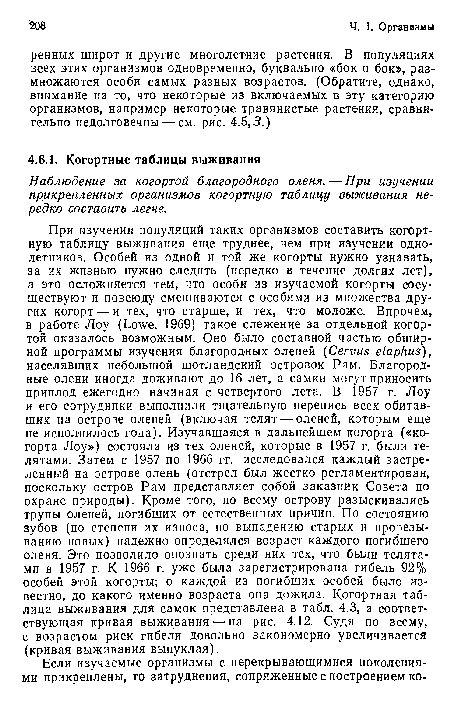 При изучении популяций таких организмов составить когортную таблицу выживания еще труднее, чем при изучении однолетников. Особей из одной и той же когорты нужно узнавать, за их жизнью нужно следить (нередко в течение долгих лет), а это осложняется тем, что особи из изучаемой когорты сосуществуют и повсюду смешиваются с особями из множества других когорт — и тех, что старше, и тех, что моложе. Впрочем, в работе Jloy (Lowe, 1969) такое слежение за отдельной когортой оказалось возможным. Оно было составной частью обширной программы изучения благородных оленей (Cervus elaphus), населявших небольшой шотландский островок Рам. Благородные олени иногда доживают до 16 лет, а самки могут приносить приплод ежегодно начиная с четвертого лета. В 1957 г. Лоу и его сотрудники выполнили тщательную перепись всех обитавших на острове оленей (включая телят — оленей, которым еще не исполнилось года). Изучавшаяся в дальнейшем когорта («когорта Лоу») состояла из тех оленей, которые в 1957 г. были телятами. Затем с 1957 по 1966 гг. исследовался каждый застреленный на острове олень (отстрел был жестко регламентирован, поскольку остров Рам представляет собой заказник Совета по охране природы). Кроме того, по всему острову разыскивались трупы оленей, погибших от естественных причин. По состоянию зубов (по степени их износа, по выпадению старых и прорезыванию новых) надежно определялся возраст каждого погибшего оленя. Это позволило опознать среди них тех, что были телятами в 1957 г. К 1966 г. уже была зарегистрирована гибель 92% особей этой когорты; о каждой из погибших особей было известно, до какого именно возраста она дожила. Когортная таблица выживания для самок представлена в табл. 4.3, а соответствующая кривая выживания — на рис. 4.12. Судя по всему, с возрастом риск гибели довольно закономерно увеличивается (кривая выживания выпуклая).