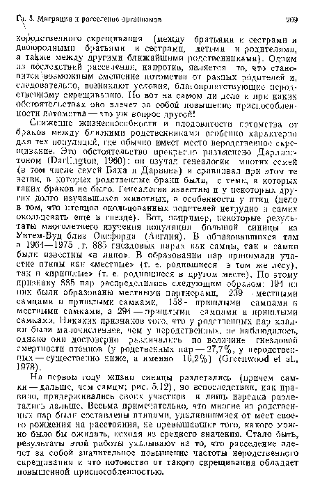 На первом году жизни синицы разлетались (причем самки— дальше, чем самцы; рис. 5.12), но вспоследствии, как правило, придерживались своих участков и лишь изредка разлетались дальше. Весьма примечательно, что многие из родственных пар были составлены птицами, удалившимися от мест своего рождения на расстояния, не превышавшие того, какого можно было бы ожидать, исходя из среднего значения. Стало быть, результаты этой работы указывают на то, что расселение влечет за собой значительное повышение частоты неродственного скрещивания и что потомство от такого окрещивания обладает повышенной приспособленностью.