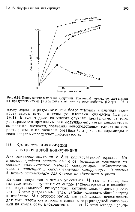 Конкуренция в посевах кукурузы (Zea mays) гораздо сильнее влияет на продукцию семян (масса початков), чем на рост побегов. (Harper, 1961.)