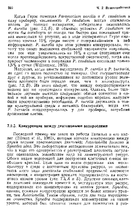 Напротив, когда вместе выращивали P. aurelia и P. bursaria, ни один из видов полностью не вымирал. Они сосуществовали друг с другом, но установившиеся на постоянном уровне величины плотности были гораздо ниже, чем в монокультурах (рис. 7.2. В). Из этого следует, что между сосуществующими видами все же происходила конкуренция. Однако, более тщательное изучение выявило следующее: обитая совместно в одной и той же пробирке, инфузории подобно морским желудям были пространственно разобщены. P. aurelia держались в толще культуральной среды и питались бактериями, тогда как P. bursaria концентрировались у дна пробирок, потребляя дрожжевые клетки.