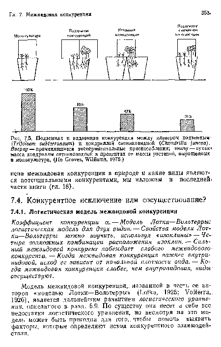 Модель межвидовой конкуренции, названной в честь ее авторов «моделью Лотки—Вольтерры» (Lotka, 1925; Volterra,. 1926), является дальнейшим развитием логистического уравнения, описанного в разд. 6.9. По существу она несет в себе все недостатки логистического уравнения, но несмотря на это модель может быть пригодна для того, чтобы помочь выявить-факторы, которые определяют исход конкурентного взаимодействия.