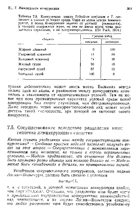 Какова степень разделения ниш между сосуществующими конкурентами? — Создание простых моделей позволяет получить ответ на этот вопрос. — Сосуществование с минимальным перекрыванием ниш возможно, но только в строго ограниченных условиях. — Модель предполагает, что отношение ¿/ у должно быть примерно равно единице или немного больше ее. — Модель может быть «ошибочной» в деталях, но принципиально верной.