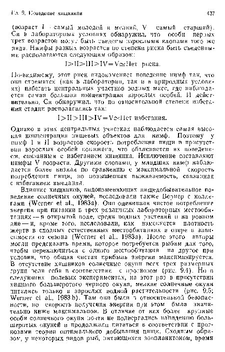 Однако в этих центральных участках наблюдается самая высокая концентрация пищевых объектов для нимф. Поэтому у нимф I и II возрастов скорость потребления пищи в присутствии взрослых особей понижена, что объясняется их поведением, связанным с избеганием хищника. Исключение составляют нимфы V возраста. Другими словами, у младших нимф наблюдается более низкая по сравнению с максимальной скорость потребления пищи, но повышенная выживаемость, связанная с избеганием выедания.