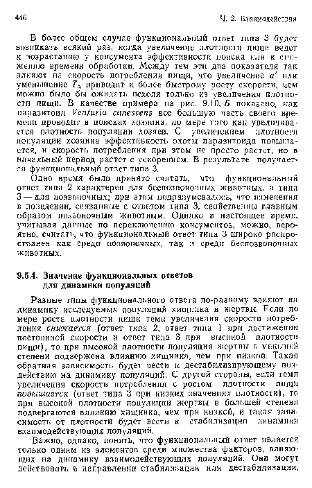 В более общем случае функциональный ответ типа 3 будет возникать всякий раз, когда увеличение плотности пищи ведет к возрастанию у консумента эффективности поиска или к снижению времени обработки. Между тем эти два показателя так влияют на скорость потребления пищи, что увеличение а или уменьшение Тп приводит к более быстрому росту скорости, чем можно было бы ожидать исходя только из увеличения плотности пищи. В качестве примера на рис. 9.10, Б показано, как паразитоид Уеп1иг1а сапеэсепз все большую часть своего времени проводит в поисках хозяина, по мере того как увеличивается плотность популяции хозяев. С увеличением плотности популяции хозяина эффективность охоты паразитоида повышается, и скорость потребления при этом не просто растет, но в начальный период растет с ускорением. В результате получается функциональный ответ типа 3.