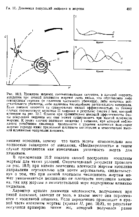 В приложении 10.2 показан способ построения изоклины жертвы для таких условий. Окончательный результат приведен на рис. 10.8; при низких значениях плотности жертвы изоклина направлена вертикально или почти вертикально, свидетельствуя о том, что при низкой плотности численность жертвы может увеличиваться независимо от плотности популяции хищника, так кау жертвы в незначительной мере подвержены влиянию хищников.