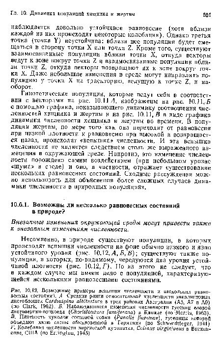 Несомненно, в природе существуют популяции, в которых происходят вспышки численности на фоне обычно низкого и явно устойчивого уровня (рис. 10.12, А, Б, В); существуют также популяции, в которых, по-видимому, чередуются два уровня устойчивой плотности (рис. 10.12, Г). Но из этого не следует, что в каждом случае мы имеем дело с популяцией, характеризующейся несколькими равновесными состояниями.