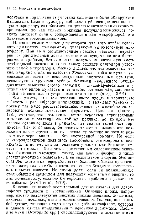 Наконец самые разные детритофаги для того чтобы усваивать целлюлозу, по-видимому, полагаются на экзогенную микрофлору. При этом беспозвоночные поедают частично переваренный растительный детрит вместе с живущими на нем бактериями и грибами, без сомнения, получая значительную часть необходимой энергии и питательных веществ благодаря усвоению самой микрофлоры. Можно считать, что эти животные, такие, например, как ногохвостки Tomocerus, чтобы получить усвояемые вещества из непереваренных растительных остатков, используют «наружный рубец». Феномен «наружного рубца» достигает вершины своего развития у жуков-древесников и у отдельных видов муравьев и термитов, которые «выращивают» грибы на специально устроенных плантациях (разд. 13.2.2).