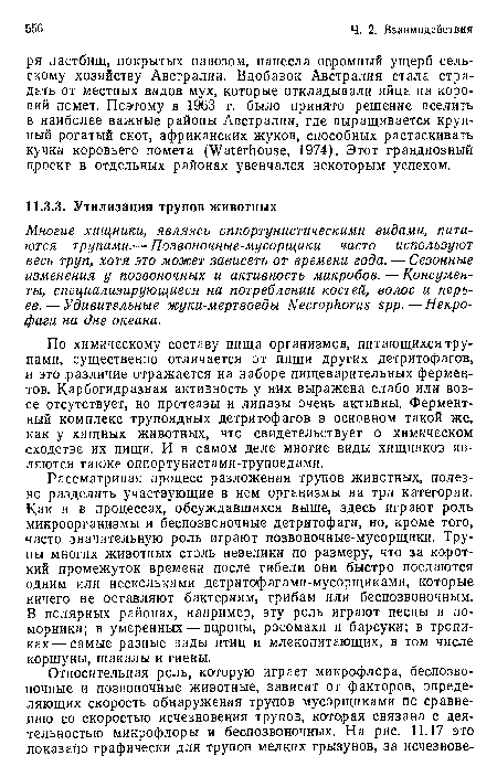 По химическому составу пища организмов, питающихся трупами, существенно отличается от пищи других детритофагов, и это ¡различие отражается на наборе пищеварительных ферментов. Кар богидразная активность у них выражена слабо или вовсе отсутствует, но протеазы и липазы очень активны. Ферментный комплекс трупоядных детритофагов в основном такой же, как у хищных животных, что свидетельствует о химическом сходстве их пищи. И в самом деле многие виды хищников являются также оппортунистами-трупоедами.