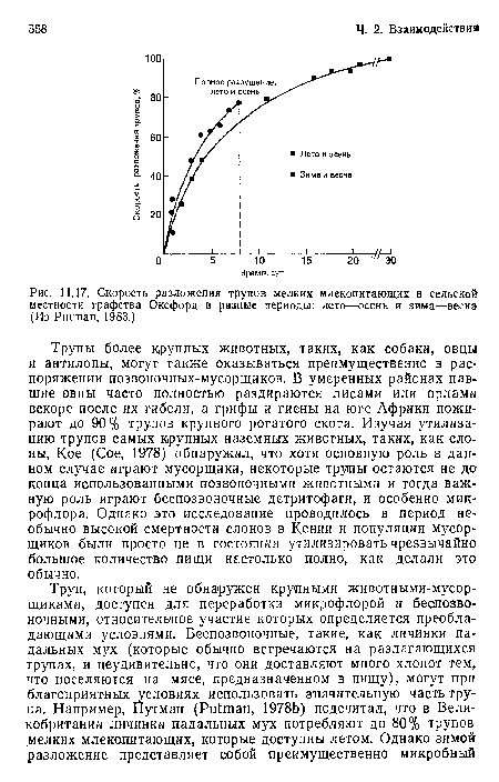 Скорость разложения трупов мелких млекопитающих в сельской местности графства Оксфорд в разные периоды