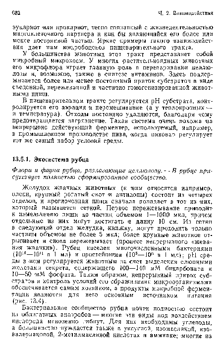 Желудок жвачных животных (к ним относятся например, олени, крупный рогатый окот и антилопы) состоит из четырех отделов, и проглоченная пища сначала попадает в тот из «их, который называется сеткой. Первое пережевывание приводит к измельчению пищи до частиц объемом 1—1000 мкл, причем отдельные из них могут достигать в длину 10 см. Из сетки в следующий отдел желудка, книжку, могут проходить только частицы объемом не более 5 мкл; более крупные животное отрыгивает и снова пережевывает (процесс непрерывного «жевания жвачки»). Рубец населен многочисленными бактериями (1010—1011 в 1 мл) и простейшими (Ю5—106 в 1 мл); pH среды в нем регулируется животным за счет выделения слюнными железами секрета, содержащего 100—140 мМ бикарбоната и 10—50 мМ фосфата. Таким образом, непрерывный приток субстратов и контроль условий его сбраживания микроорганизмами обеспечивается самим хозяином, а продукты микробной ферментации являются для него основным источником питания (рис. 13.4).