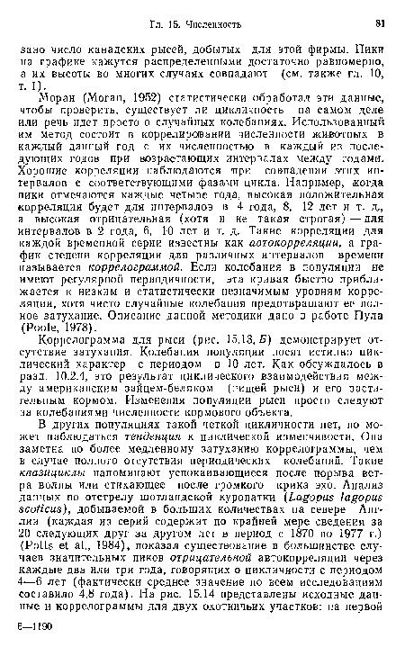 Моран (Moran, 1952) статистически обработал эти данные, чтобы проверить, существует ли цикличность на самом деле или речь идет просто о случайных колебаниях. Использованный им метод состоит в коррелировании численности животных в каждый данный год с их численностью в каждый из последующих годов при возрастающих интервалах между годами. Хорошие корреляции наблюдаются при совпадении этих интервалов с соответствующими фазами цикла. Например, когда пики отмечаются каждые четыре года, высокая положительная корреляция будет для интервалов в 4 года, 8, 12 лет и т. д., а высокая отрицательная (хотя и не такая строгая)—для интервалов в 2 года, 6, 10 лет и т. д. Такие корреляции для каждой временной серии известны как автокорреляции, а график степени корреляции для различных интервалов времени называется коррелограммой. Если колебания в популяции не имеют регулярной периодичности, эта кривая быстро приближается к низким и статистически незначимым уровням корреляции, хотя чисто случайные колебания предотвращают ее полное затухание. Описание данной методики дано в работе Пула (Poole, 1978).