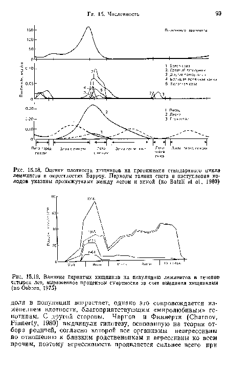 Оценки плотности хищников на протяжении стандартного цикла леммингов в окрестностях Барроу. Периоды таяния снега и наступления холодов указаны промежутками между летом и зимой (по Ва№1 е1 а!., 1980)