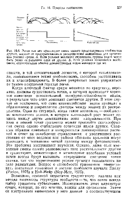 Резко или нет происходит смена одного предсказуемого сообщества другим, зависит от пространственного распределения важнейших для организмов условий среды. А. Если условия меняются ступенчато, группы видов могут быть резко отграничены одна от другой. Б. Если условия изменяются постепенно, относительные обилия доминирующих видов меняются так же