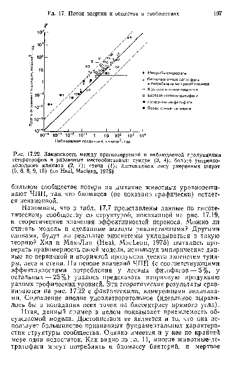 Зависимость между прогнозируемой и наблюдаемой продукциями гетеротрофов в различных местообитаниях