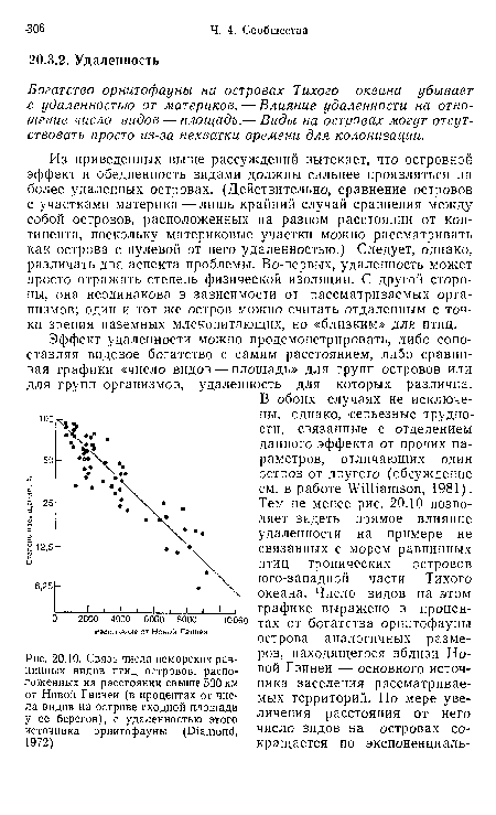 Из приведенных выше рассуждений вытекает, что островной эффект и обедненность видами должны сильнее проявляться на более удаленных островах. (Действительно, сравнение островов с участками материка — лишь крайний случай сравнения между собой островов, расположенных на разном расстоянии от континента, поскольку материковые участки можно рассматривать как острова с нулевой от него удаленностью.) Следует, однако, различать два аспекта проблемы. Во-первых, удаленность может просто отражать степень физической изоляции. С другой стороны, она неодинакова в зависимости от рассматриваемых организмов; один и тот же остров можно считать отдаленным с точки зрения наземных млекопитающих, но «близким» для птиц.