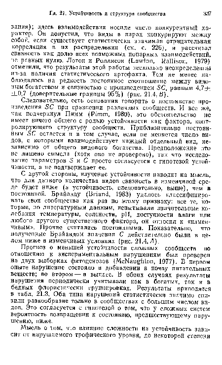 С другой стороны, изучение устойчивости наводит на мысль, что для данного количества видов связность в изменчивой среде будет ниже (а устойчивость, следовательно, выше), чем в постоянной. Брайанду (Briand, 1983) удалось классифицировать свои сообщества как раз по этому признаку: все те, которые, по литературным данным, испытывали значительные колебания температуры, солености, pH, доступности влаги или любого другого существенного фактора, он относил к «изменчивым». Прочие считались постоянными. Показательно, что полученные Брайандом значения С действительно были в целом ниже в изменчивых условиях (рис. 21.4, Л).