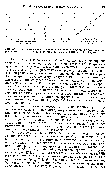 Влияние климатических колебаний на видовое разнообразие зависит от того, являются они предсказуемыми или непредсказуемыми (во временых масштабах, существенных для конкретных организмов). В предсказуемой среде с регулярной сменой сезонов разные виды могут быть приспособлены к жизни в различное время года. Поэтому следует ожидать, что в сезонном климате может сосуществовать больше видов, чем в неизменных условиях среды. К примеру, разные однолетники в умеренных областях всходят, растут, цветут и дают семена в различные моменты сезонного цикла; здесь же в крупных озерах происходит сезонная сукцессия фито- и зоопланктона с поочередным доминированием то одних, то других видов — по мере того как меняющиеся условия и ресурсы становятся для них наиболее подходящими.