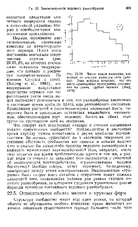 Что говорят нам ископаемые находки о степени насыщения видами современных сообществ? Наблюдаемую в настоящее время картину можно сопоставить с двумя крайними возможностями. Во-первых, существует ли в эволюции тенденция постепенно обогащать сообщества все новыми и новыми видами (это отрицало бы какие-либо пределы видового разнообразия и важность межвидовых взаимодействий)? Или, напротив, число ниш остается все время приблизительно одним и тем же, а разные виды по очереди их занимают (что согласуется с гипотезой об экологических взаимодействиях, ограничивающих видовое богатство)? Вообще говоря, ответ отражает, по-видимому, компромисс между этими альтернативами. Эволюционные «прорывы» были скорее всего связаны с открытием новых важных измерений ниш, создававших условия для резких скачков видового разнообразия, за которыми следовали удивительно долгие периоды примерно постоянного видового разнообразия.