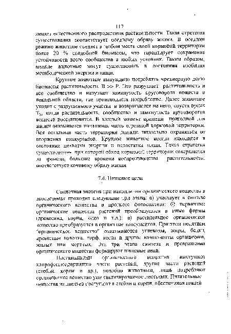 Солнечная энергия при накоплении органического вещества в экосистемах проходит следующие три этапа: а) участвует в синтезе органического вещества в процессе фотосинтеза; б) первичные органические вещества растений преобразуются в иные формы (древесина, корни, сено и т.д.); в) растительное органическое вещество преобразуется в организме консументов. При этом понятием "органическое вещество" охватываются углеводы, жиры, белки, древесные волокна, торф, кости и другие компоненты организмов, живых или мертвых. Эти три этапа синтеза и превращения органического вещества формируют пищевые цепи.