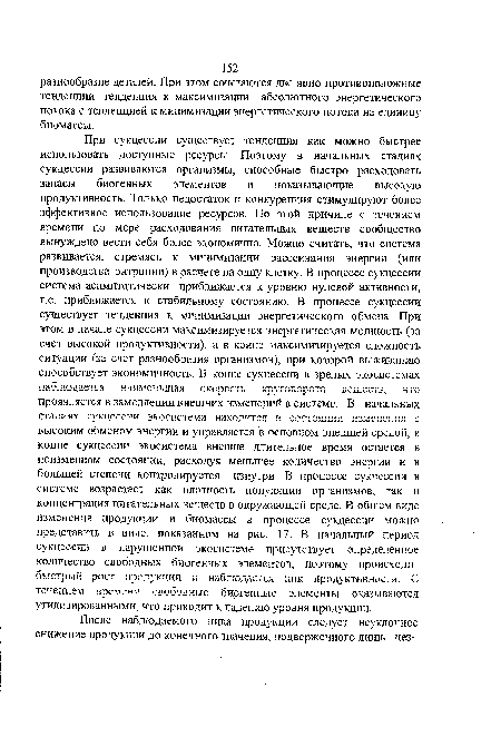 При сукцессии существует тенденция как можно быстрее использовать доступные ресурсы. Поэтому в начальных стадиях сукцессии развиваются организмы, способные быстро расходовать запасы биогенных элементов и показывающие высокую продуктивность. Только недостаток и конкуренция стимулируют более эффективное использование ресурсов. По этой причине с течением времени по мере расходования питательных веществ сообщество вынуждено вести себя более экономично. Можно считать, что система развивается, стремясь к минимизации рассеивания энергии (или производства энтропии) в расчете на одну клетку. В процессе сукцессии система асимптотически приближается к уровню нулевой активности, т.е. приближается к стабильному состоянию. В процессе сукцессии существует тенденция к минимизации энергетического обмена. При этом в начале сукцессии максимизируется энергетическая мощность (за счет высокой продуктивности), а в конце максимизируется сложность ситуации (за счет разнообразия организмов), при которой выживанию способствует экономичность. В конце сукцессии в зрелых экосистемах наблюдается ниименыизя скорость кг? то в ог) отд бсхдсстб, что проявляется в замедлении внешних изменений в системе. В начальных стадиях сукцессий экосистема находится в состоянии изменения с высоким обменом энергии и управляется в основном внешней средой, в конце сукцессии экосистема внешне длительное время остается в неизменном состоянии, расходуя меньшее количество энергии и в большей степени контролируется изнутри. В процессе сукцессии в системе возрастает как плотность популяции организмов, так и концентрация питательных веществ в окружающей среде. В общем виде изменения продукции и биомассы в процессе сукцессии можно представить в виде, показанном на рис. 17. В начальный период сукцессии в нарушенной экосистеме присутствует определенное количество свободных биогенных элементов, поэтому происходит быстрый рост продукции к наблюдается пик продуктивности. С течением времени свободные биогенные элементы оказываются утилизированными, что приводит к падению уровня продукции.