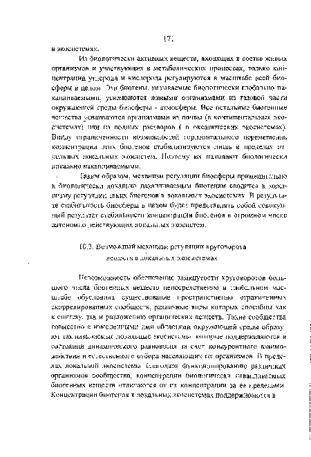 Таким образом, механизм регуляции биосферы применительно к биологически локально накапливаемым биогенам сводится к механизму регуляции таких биогенов в локальных экосистемах. В результате стабильность биосферы в целом будет представлять собой совокупный результат стабильности концентрации биогенов в огромном числе автономно действующих локальных экосистем.