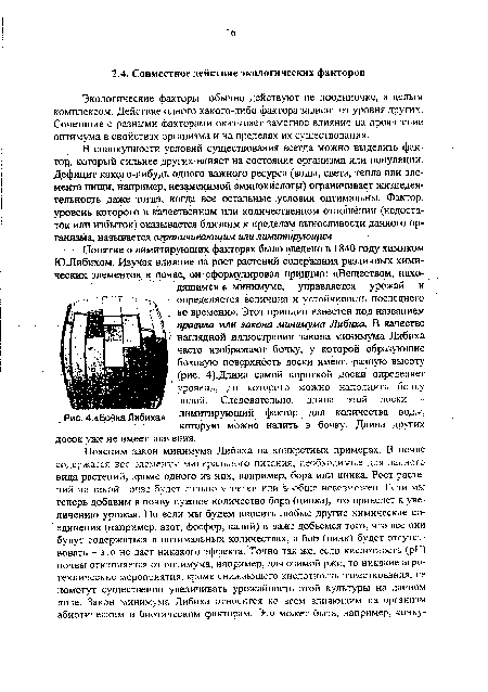 Экологические факторы обычно действуют не поодиночке, а целым комплексом. Действие одного какого-либо фактора зависит от уровня других. Сочетание с разными факторами оказывает заметное влияние на проявление оптимума в свойствах организма и на пределах их существования.