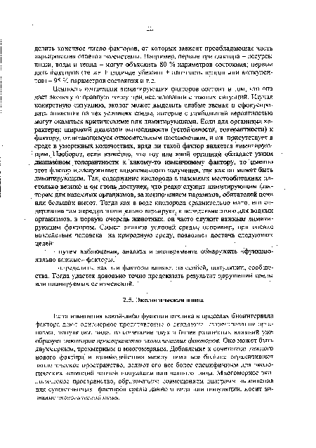 Если изменения какой-либо функции отклика в пределах биоинтервала фактора дают одномерное представление о диапазоне существования организма, популяции, вида, то сочетание двух и более различных влияний уже образует некоторое пространство экологических факторов. Оно может быть двухмерным, трехмерным и многомерным. Добавление к сочетанию каждого Нового фактора и взаимодействия между ними все больше ограничивают экологическое пространство, делают его все более специфичным для экологических потенций данной популяции или данного вида. Многомерное экологическое пространство, образованное совмещением диаграмм выживания для существенных факторов среды данного вида или популяции, носит название экологической ниши.