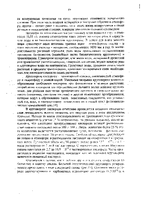 Круговорот кислорода - планетарный процесс, связывающий атмосферу и гидросферу с земной корой. Узловыми звеньями круговорота являются: образование свободного кислорода при фотосинтезе в зеленых растениях, потребление кислорода для осуществления дыхания всеми живыми организмами, для реакции окисления органических остатков и неорганических веществ (например, сжигание топлива) и другие химические преобразования, которые ведут к образованию таких окисленных соединений, как углекислый газ, вода, и последующему вовлечению их в новый цикл фотосинтети-ческих превращений (рис.14).