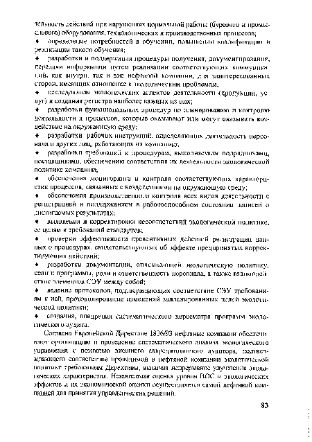 Согласно Европейской Директиве 1836/93 нефтяные компании обеспечивают организацию и проведение систематического анализа экологического управления с помощью внешнего аккредитованного аудитора, подтверждающего соответствие проводимой в нефтяной компании экологической политики требованиям Директивы, включая непрерывное улучшение экологических характеристик. Независимая оценка уровня ВОС и экологических эффектов и их экономической оценки осуществляется самой нефтяной компанией для принятия управленческих решений.