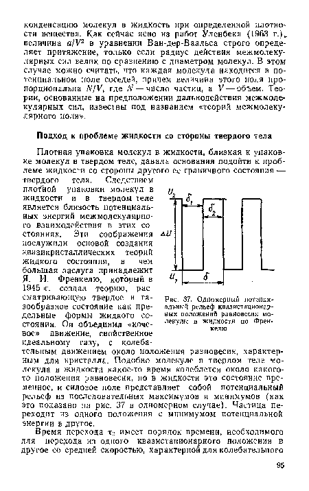 Одномерный потенциальный рельеф квазистационар-ных положений равновесия молекулы в жидкости по Френкелю