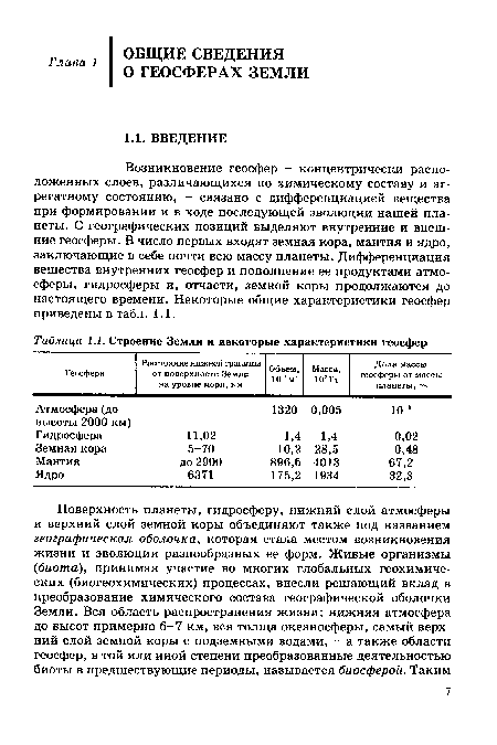 Возникновение геосфер - концентрически расположенных слоев, различающихся по химическому составу и агрегатному состоянию, - связано с дифференциацией вещества при формировании и в ходе последующей эволюции нашей планеты. С географических позиций выделяют внутренние и внешние геосферы. В число первых входят земная кора, мантия и ядро, заключающие в себе почти всю массу планеты. Дифференциация вещества внутренних геосфер и пополнение ее продуктами атмосферы, гидросферы и, отчасти, земной коры продолжаются до настоящего времени. Некоторые общие характеристики геосфер приведены в табл. 1.1.