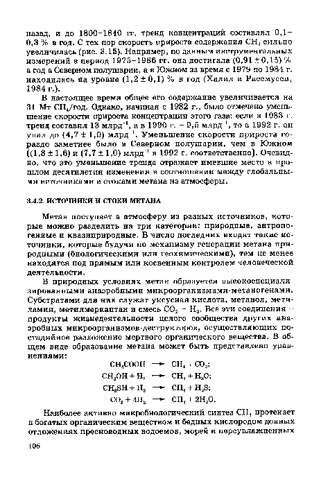 В настоящее время общее его содержание увеличивается на 31 Мт СН4/год. Однако, начиная с 1982 г., было отмечено уменьшение скорости прироста концентрации этого газа: если в 1983 г. тренд составил 13 млрд 1, а в 1990 г. - 9,5 млрд то в 1992 г. он упал до (4,7 ± 1,0) млрд“1. Уменьшение скорости прироста гораздо заметнее было в Северном полушарии, чем в Южном ((1,8 ± 1,6) и (7,7 ± 1,0) млрд 1 в 1992 г. соответственно). Очевидно, что это уменьшение тренда отражает имевшие место в прошлом десятилетии изменения в соотношении между глобальными источниками и стоками метана из атмосферы.