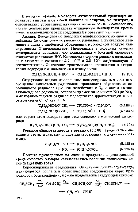 Помимо приведенных на схемах продуктов в реакционной среде смоговой камеры накапливались большие количества пе-роксиацетилнитрата.