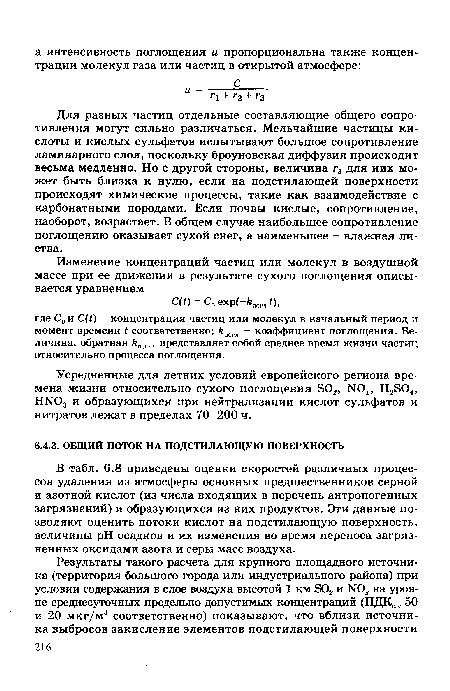 В табл. 6.8 приведены оценки скоростей различных процессов удаления из атмосферы основных предшественников серной и азотной кислот (из числа входящих в перечень антропогенных загрязнений) и образующихся из них продуктов. Эти данные позволяют оценить потоки кислот на подстилающую поверхность, величины pH осадков и их изменения во время переноса загрязненных оксидами азота и серы масс воздуха.